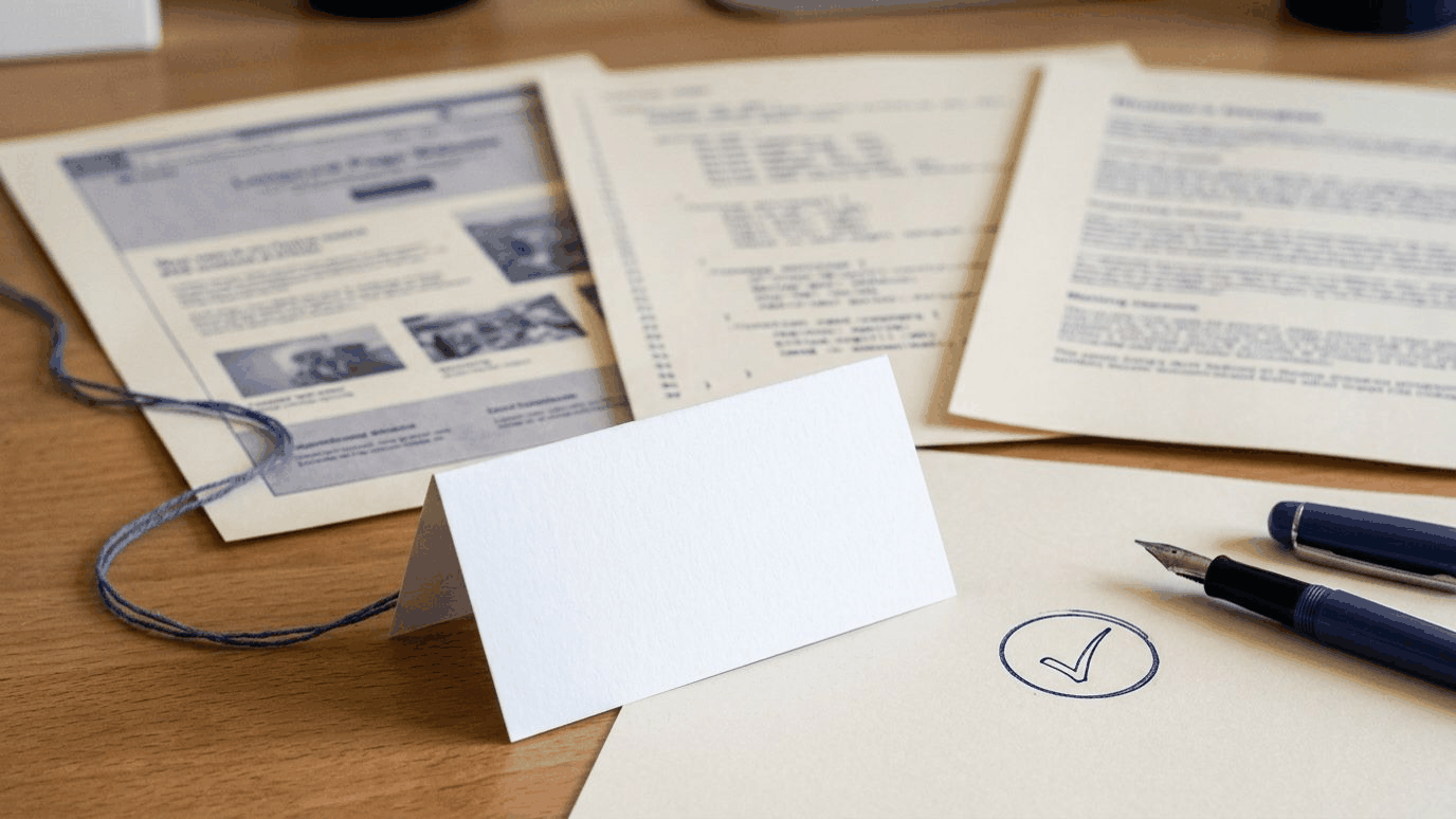 Ein leeres, aufgestelltes Papierkärtchen vor drei ausgedruckten Blättern — einer Webseite, einem Blatt mit Quelltext-Zeilen und einem Textblatt —, daneben ein blauer Faden, ein blauer Häkchen-Stempelabdruck und ein Füllfederhalter
