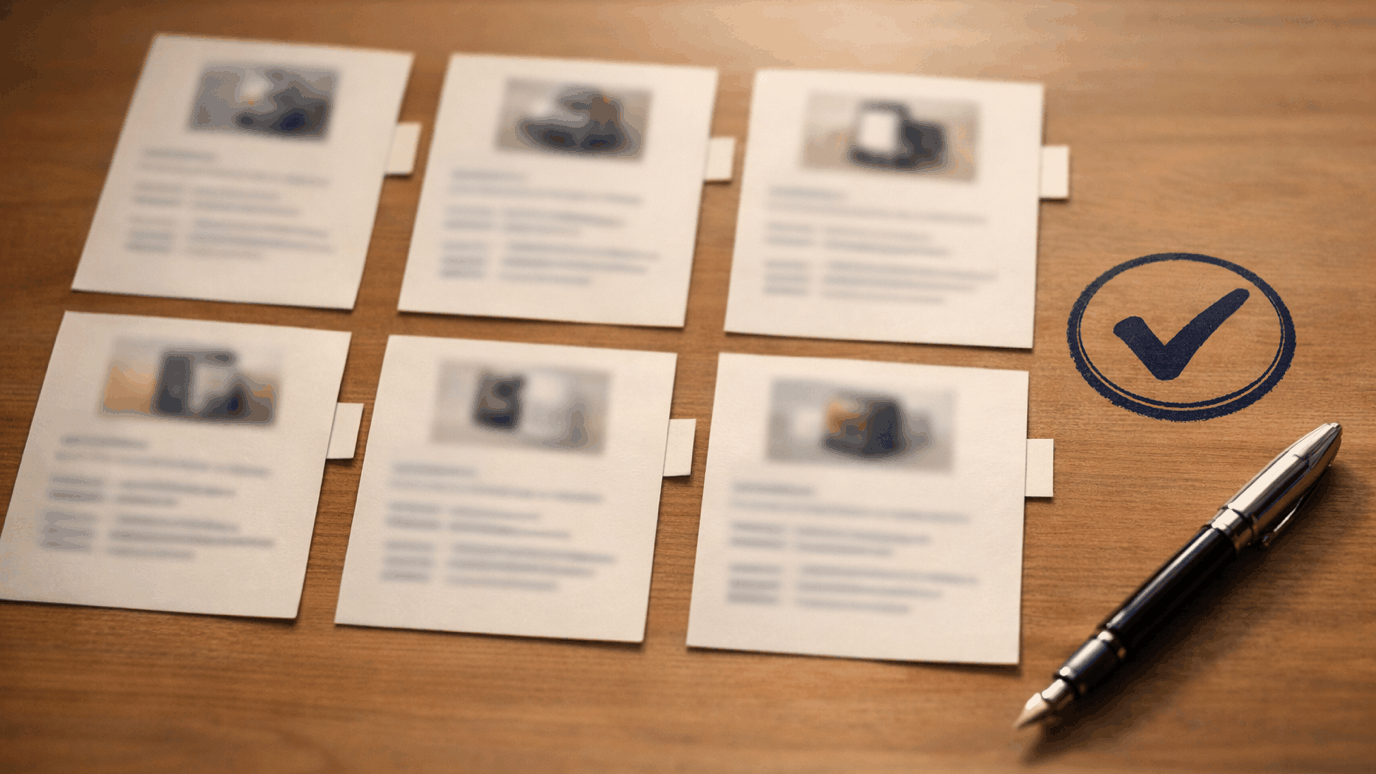 Sechs unscharf bedruckte Produktblätter mit kleinen Produktfotos in zwei Reihen auf einem Holztisch, jedes mit einem leeren Registerreiter, daneben ein blauer Häkchen-Stempelabdruck und ein Füllfederhalter