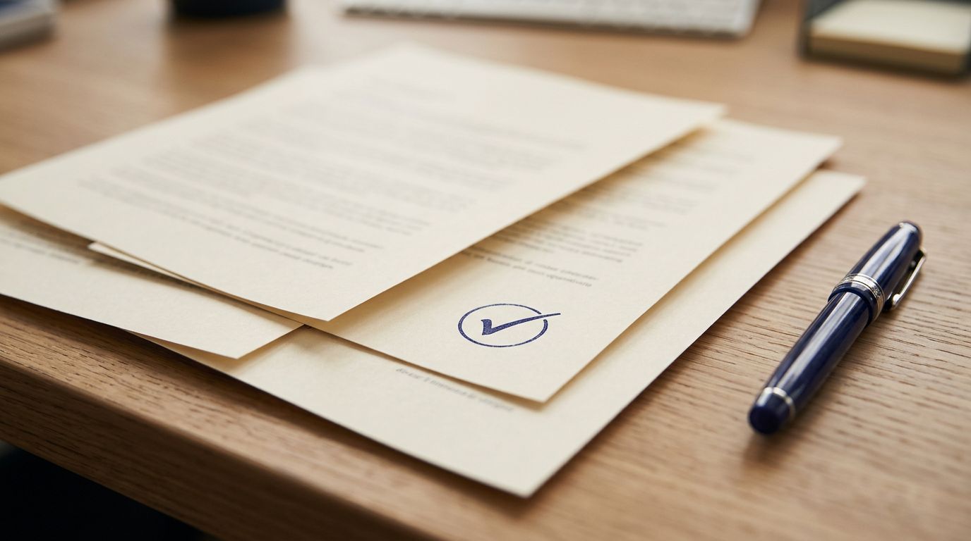 Drei gefächerte Angebotsblätter auf einem Schreibtisch, das mittlere mit blauem Häkchen-Stempel, daneben ein Füllfederhalter