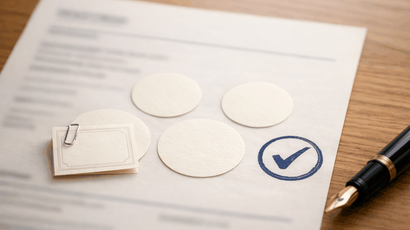 Bedrucktes, unscharfes Produktblatt auf einem Holztisch mit vier leeren runden Papier-Siegelaufklebern, nur an einem ist mit einer Büroklammer eine kleine Karte angeheftet, daneben ein blauer Häkchen-Stempelabdruck und ein Füllfederhalter